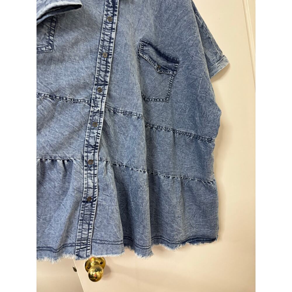 ASHLEY STEWART Denim Shirt Dress Size 32 Acid Wash Tiered NWT Cotton Button Up - Picture 3 of 8